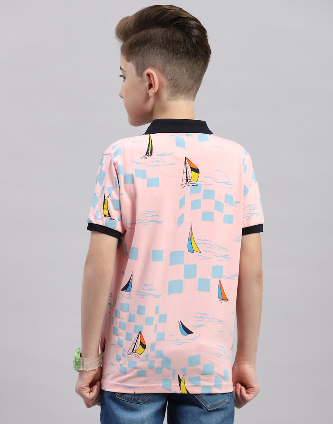 Boys Pink Printed Polo Collar Half Sleeve T-Shirt