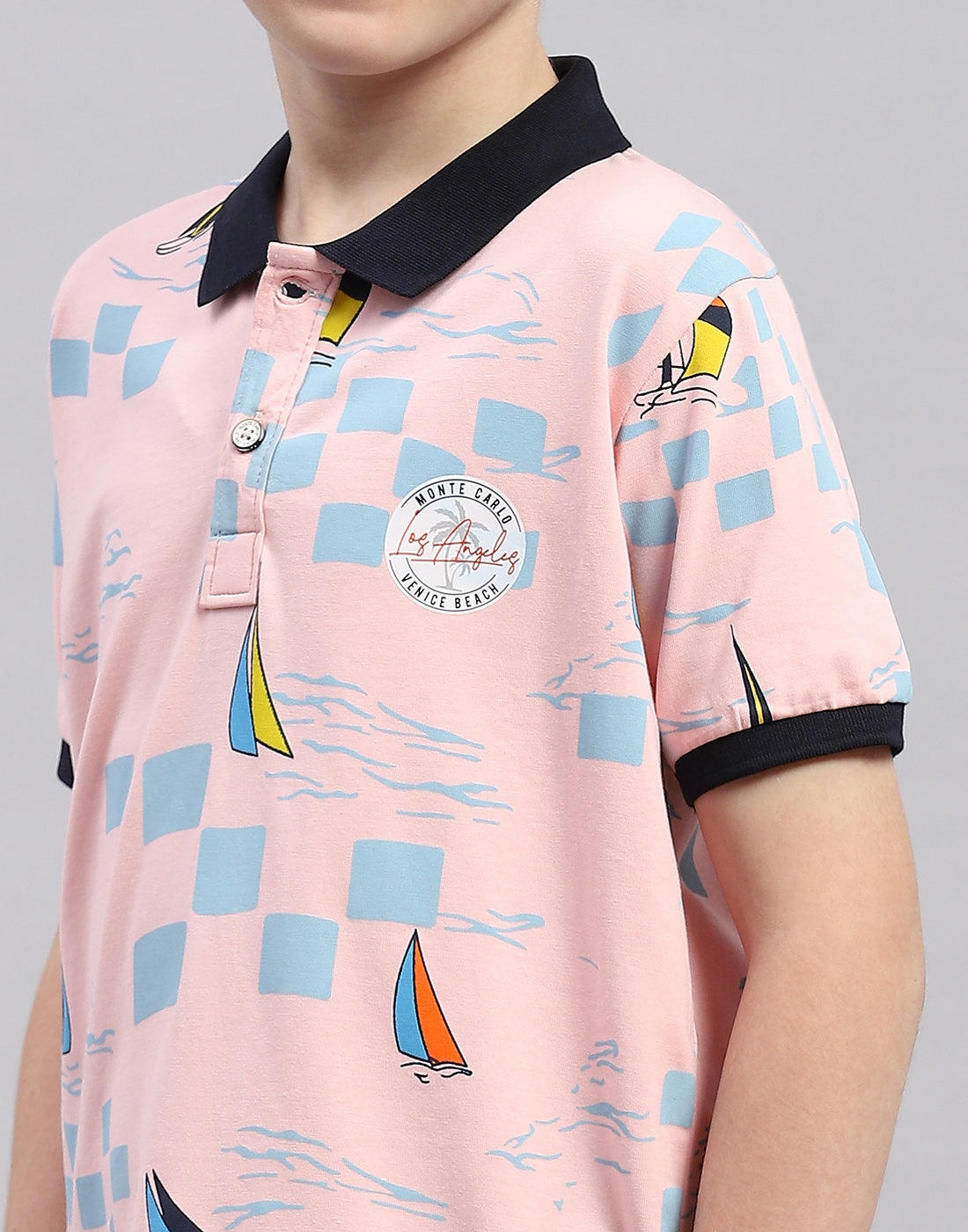 Boys Pink Printed Polo Collar Half Sleeve T-Shirt