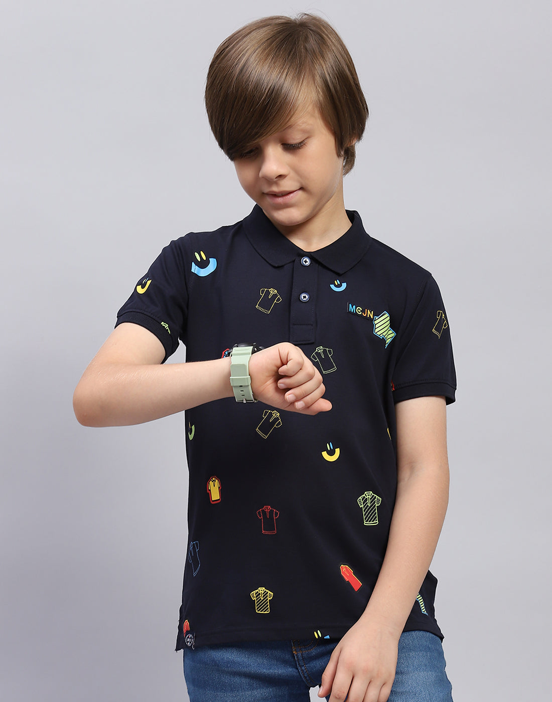 Boys Navy Blue Printed Polo Collar Half Sleeve T-Shirt