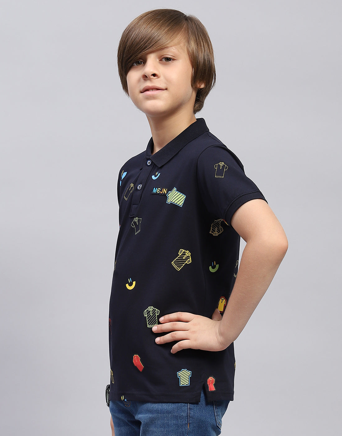 Boys Navy Blue Printed Polo Collar Half Sleeve T-Shirt