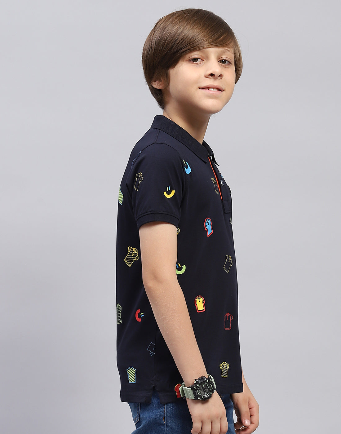 Boys Navy Blue Printed Polo Collar Half Sleeve T-Shirt