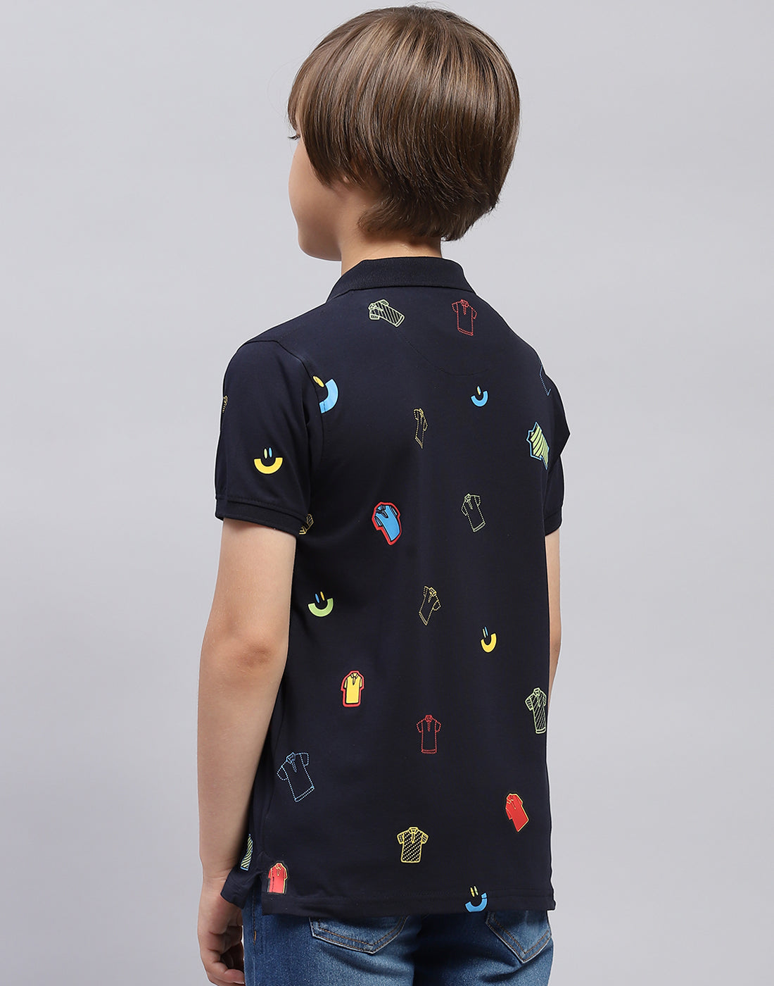 Boys Navy Blue Printed Polo Collar Half Sleeve T-Shirt