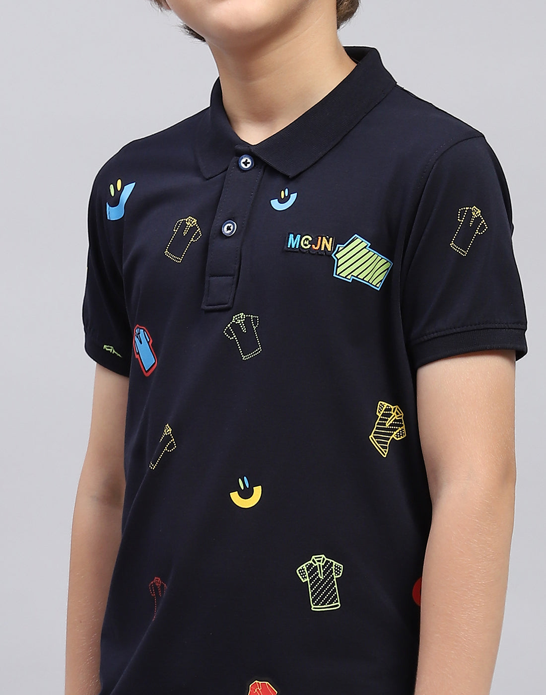 Boys Navy Blue Printed Polo Collar Half Sleeve T-Shirt