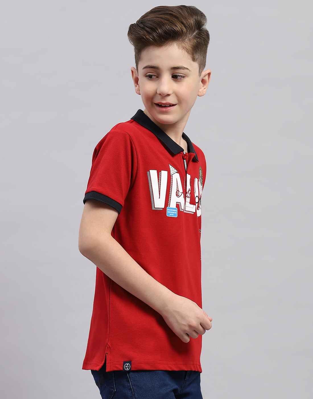 Boys Red Printed Polo Collar Half Sleeve T-Shirt