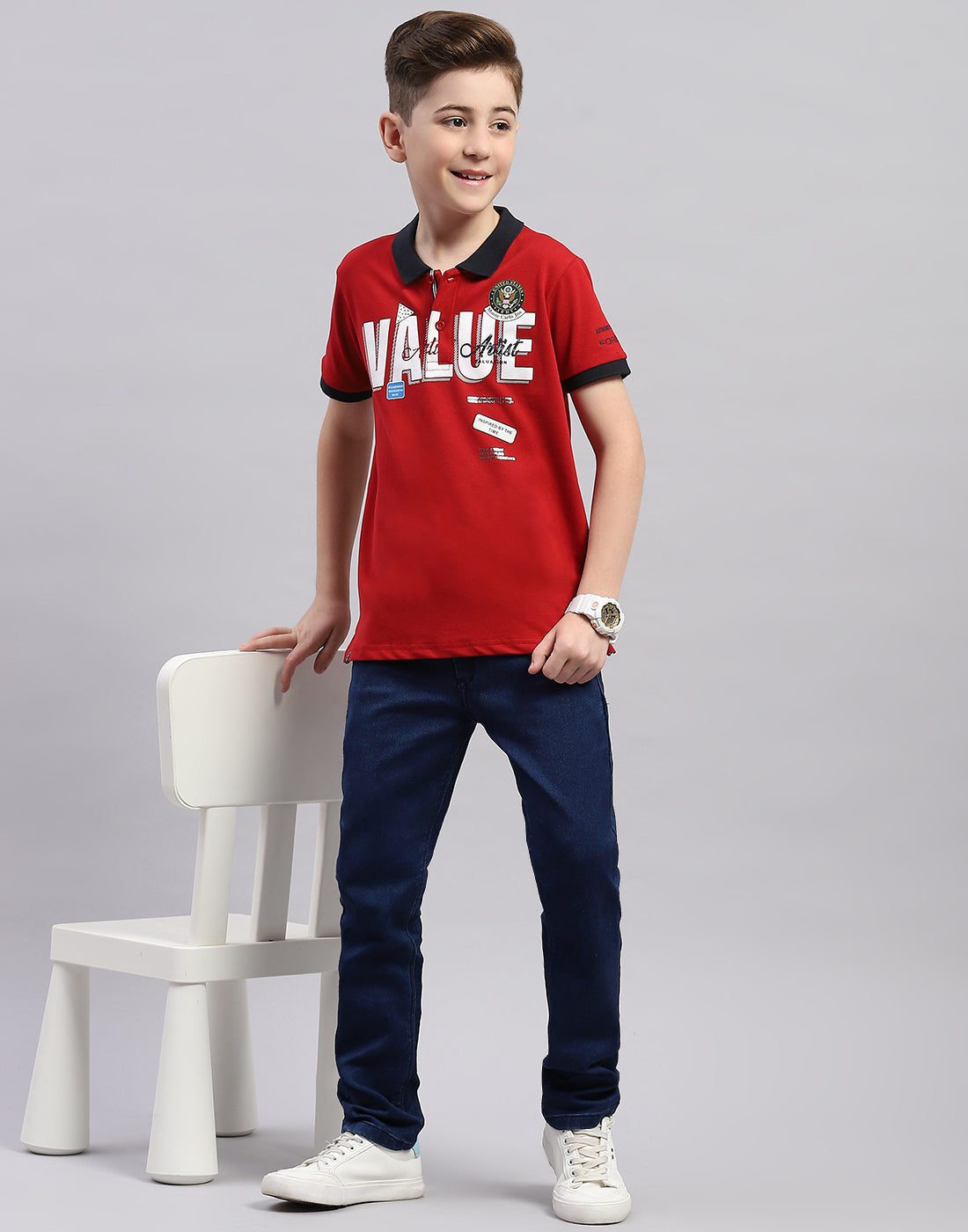 Boys Red Printed Polo Collar Half Sleeve T-Shirt