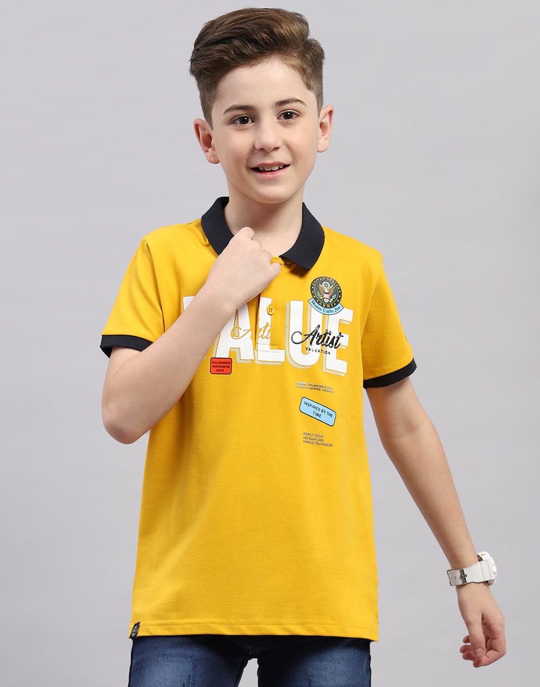 Boys Mustard Printed Polo Collar Half Sleeve T-Shirt
