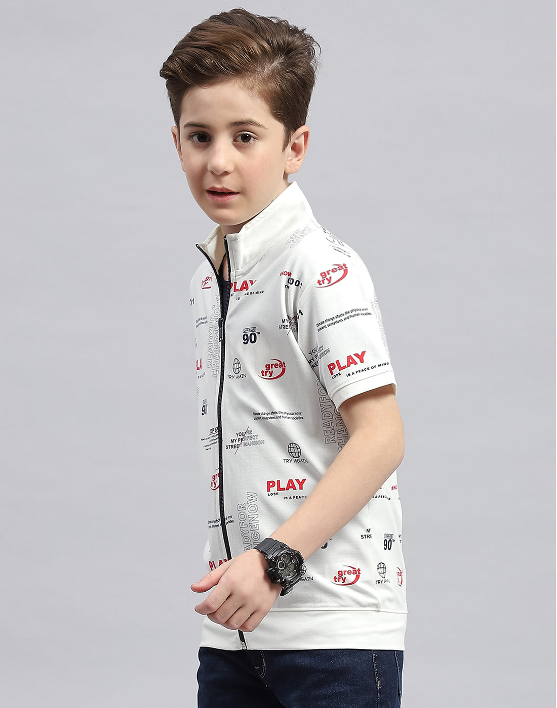 Boys White & Navy Blue Printed Round Neck Half Sleeve T-Shirt (Pack of 2)