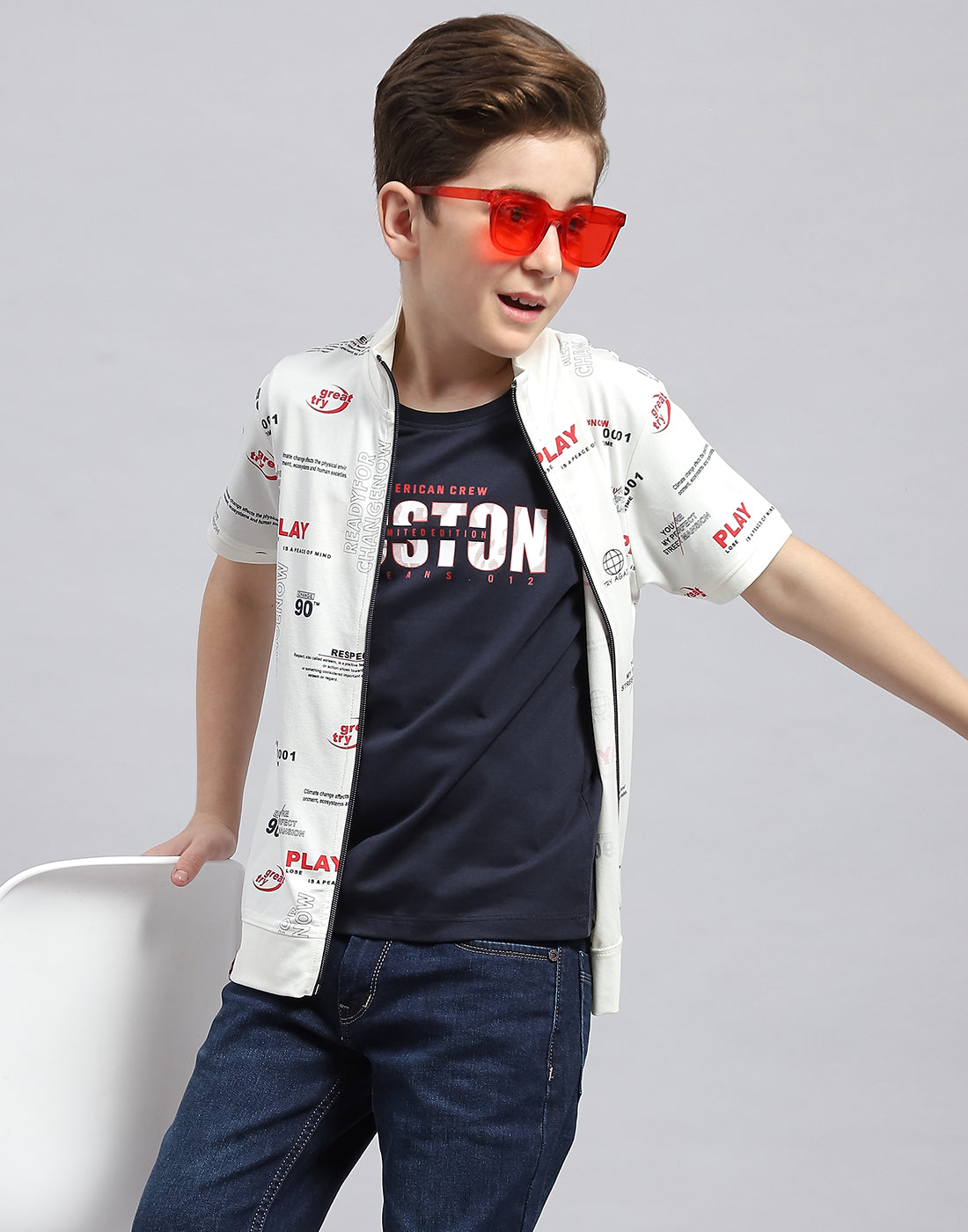 Boys White & Navy Blue Printed Round Neck Half Sleeve T-Shirt (Pack of 2)