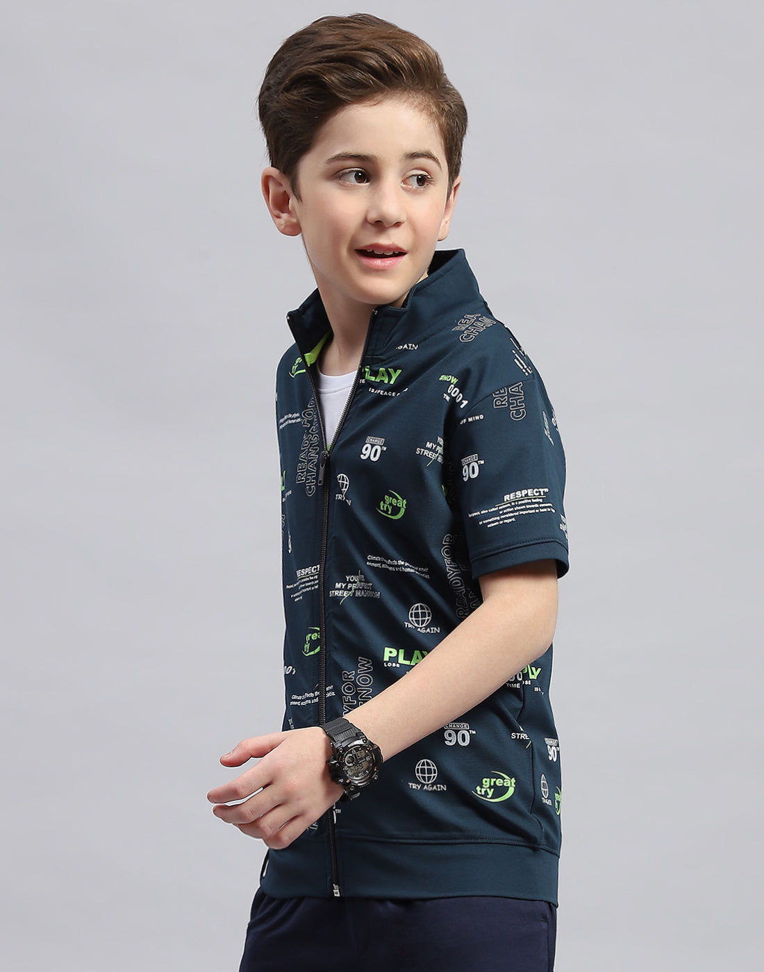 Boys Teal Blue & White Printed Round Neck Half Sleeve T-Shirt (Pack of 2)