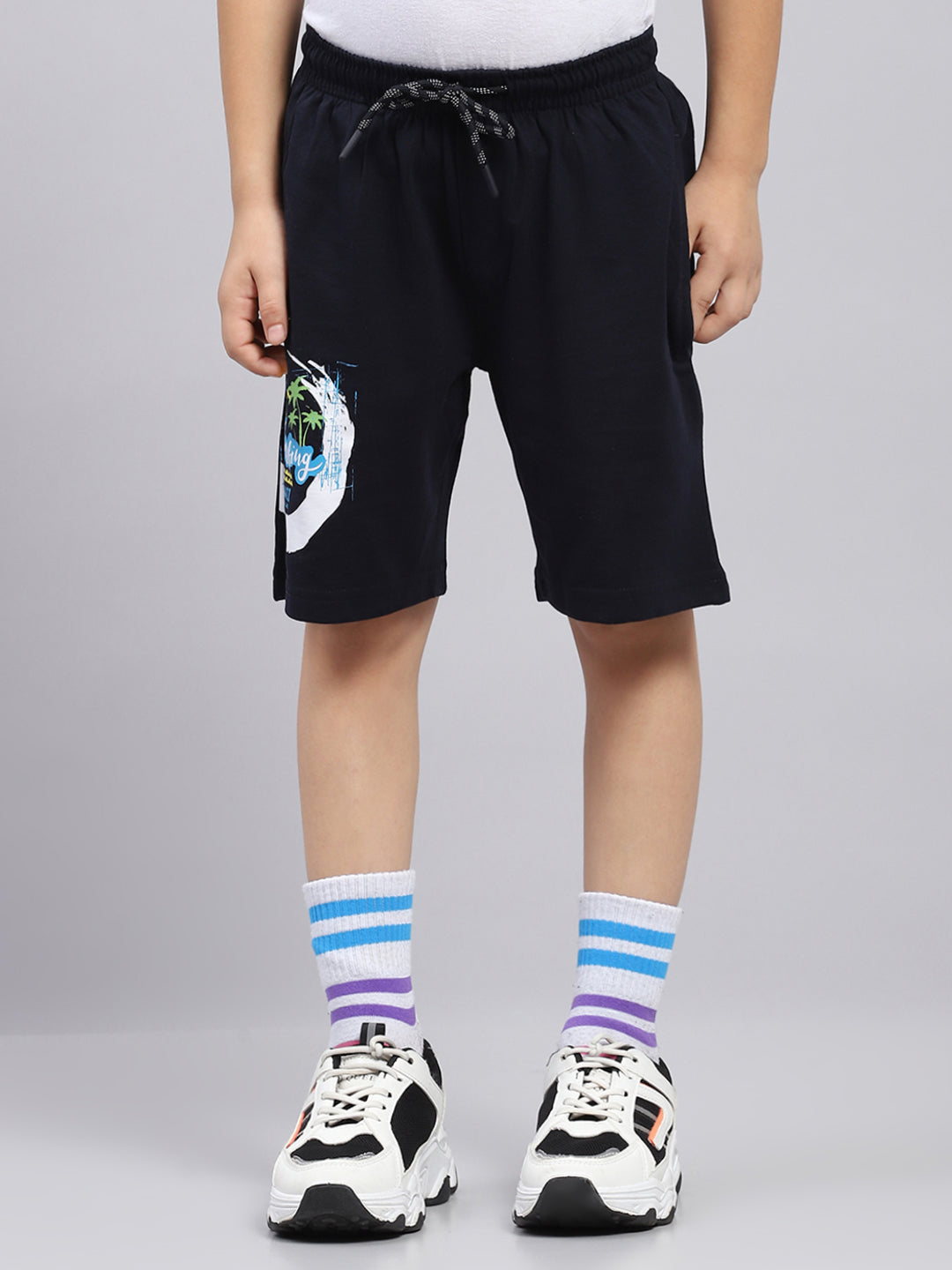 Boys Green & Navy Blue Printed Round Neck Half Sleeve Bermuda Set