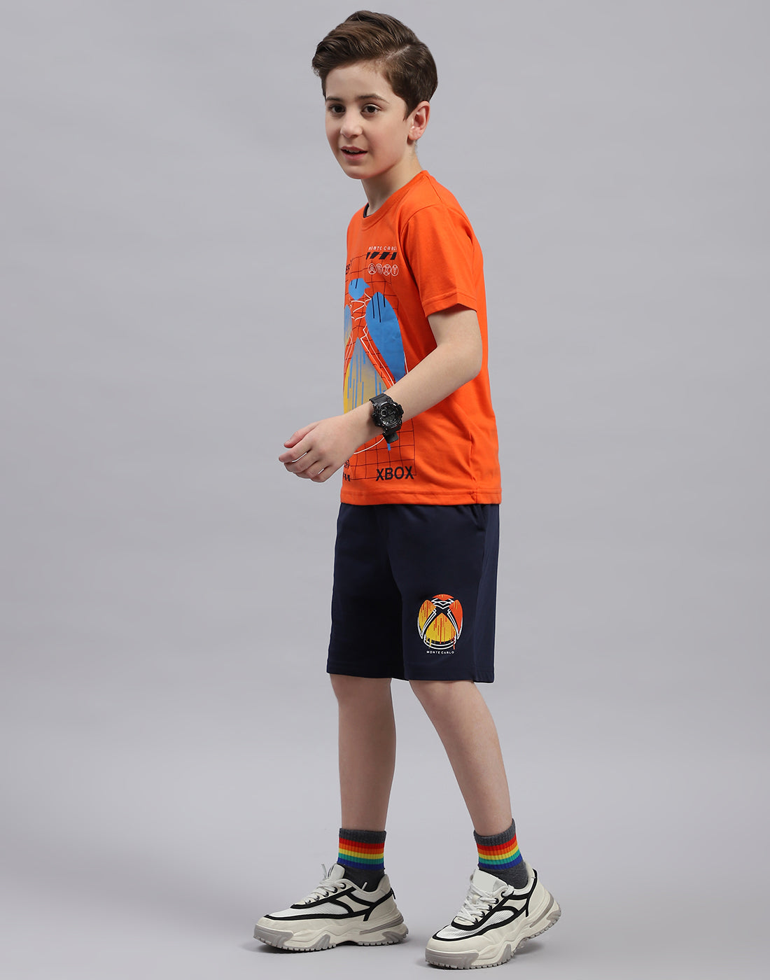 Boys Orange & Navy Blue Printed Round Neck Half Sleeve Bermuda Set