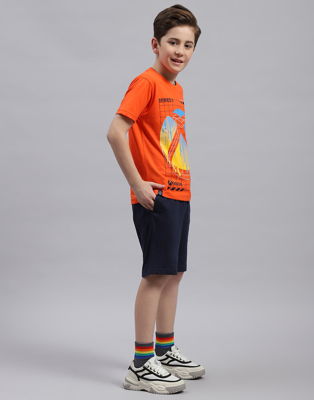 Boys Orange & Navy Blue Printed Round Neck Half Sleeve Bermuda Set