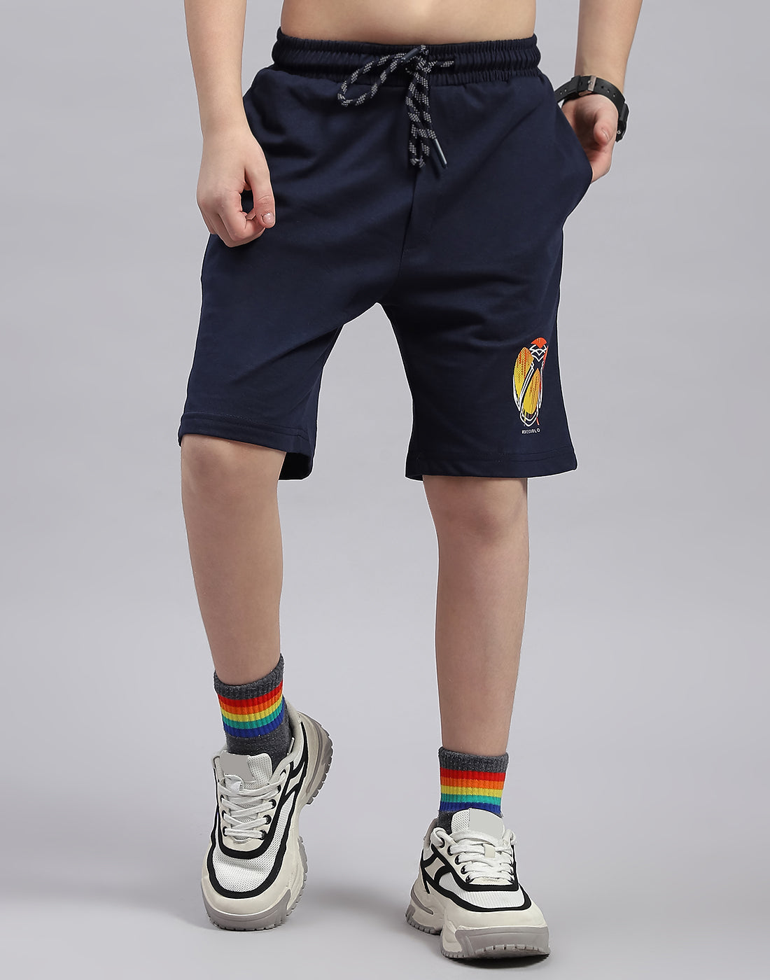 Boys Orange & Navy Blue Printed Round Neck Half Sleeve Bermuda Set