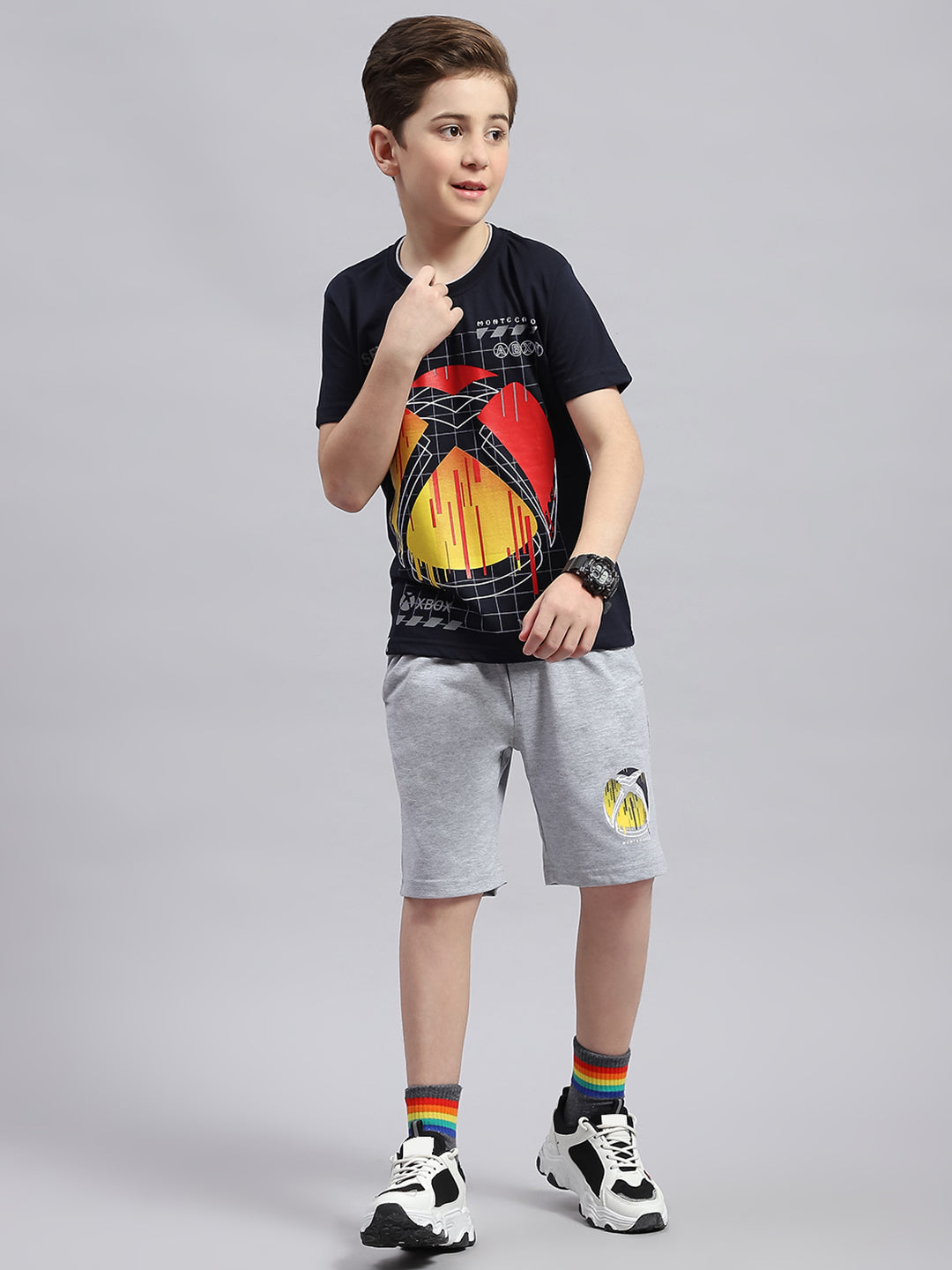 Boys Navy Blue & Grey Printed Round Neck Half Sleeve Bermuda Set