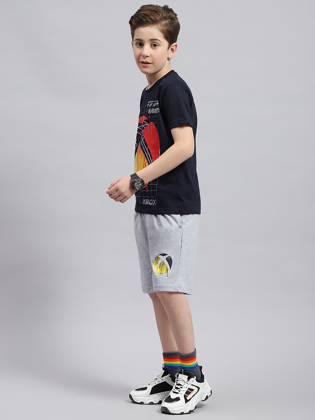 Boys Navy Blue & Grey Printed Round Neck Half Sleeve Bermuda Set