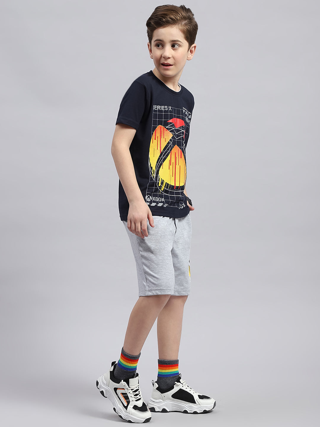 Boys Navy Blue & Grey Printed Round Neck Half Sleeve Bermuda Set