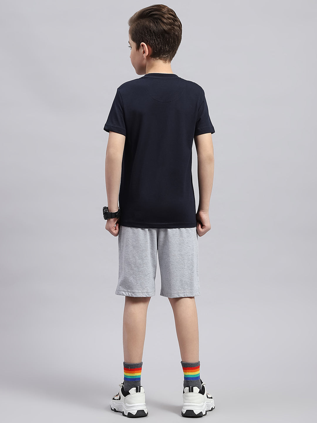 Boys Navy Blue & Grey Printed Round Neck Half Sleeve Bermuda Set