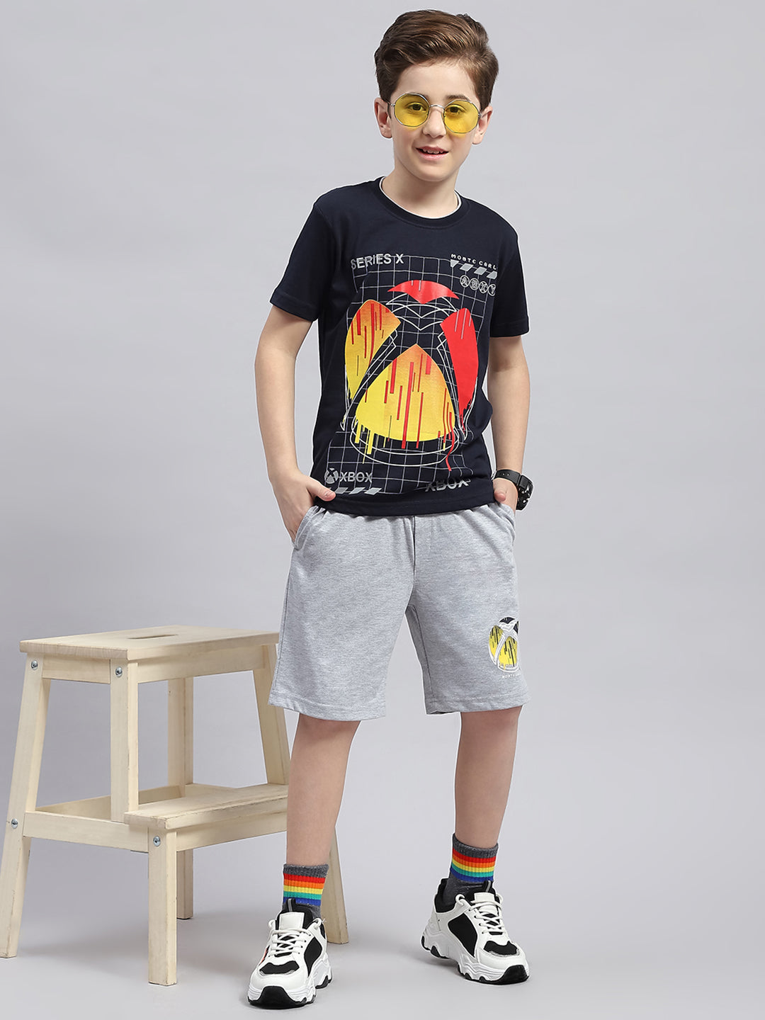 Boys Navy Blue & Grey Printed Round Neck Half Sleeve Bermuda Set