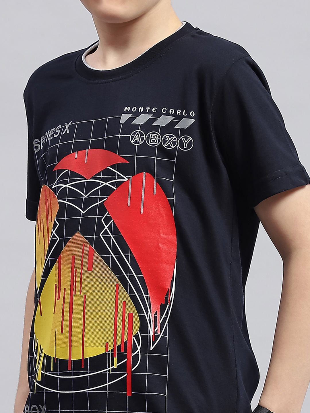 Boys Navy Blue & Grey Printed Round Neck Half Sleeve Bermuda Set