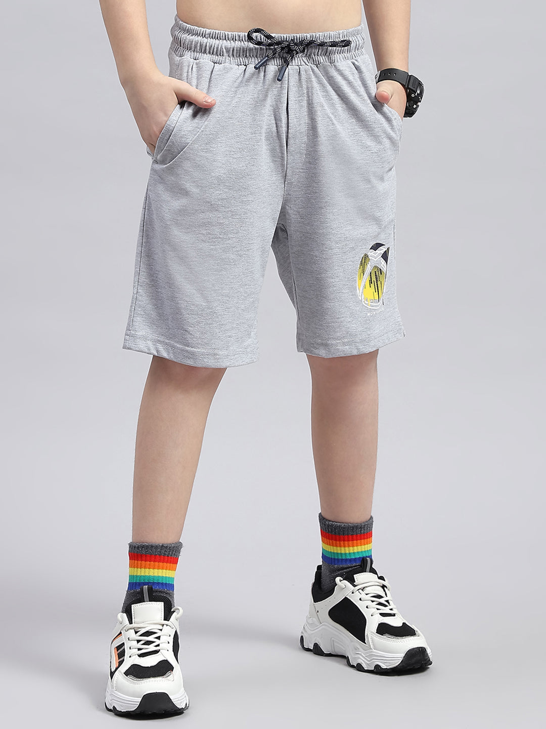 Boys Navy Blue & Grey Printed Round Neck Half Sleeve Bermuda Set