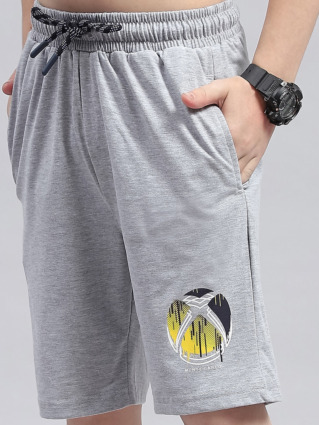 Boys Navy Blue & Grey Printed Round Neck Half Sleeve Bermuda Set