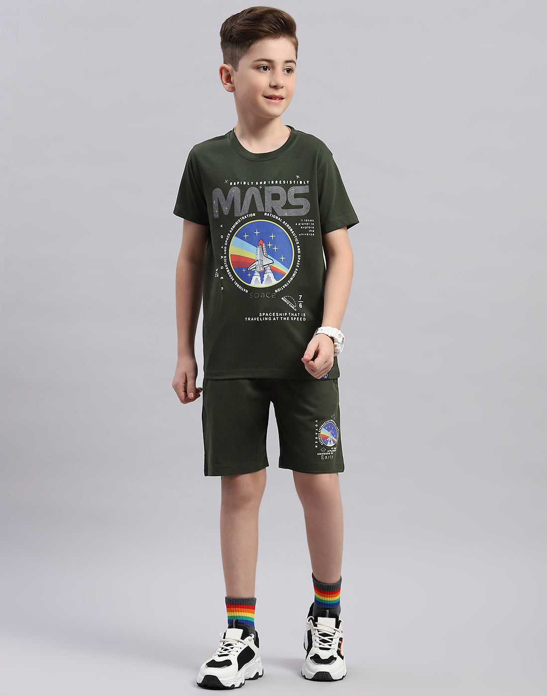 Boys Olive Printed Round Neck Half Sleeve Bermuda Set