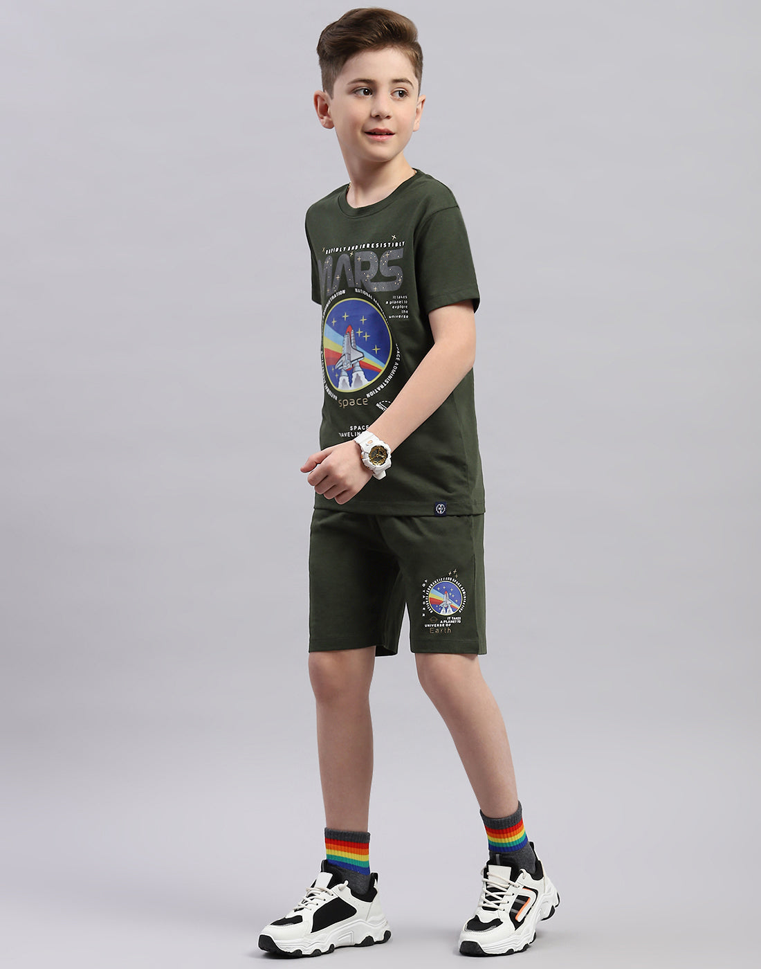 Boys Olive Printed Round Neck Half Sleeve Bermuda Set