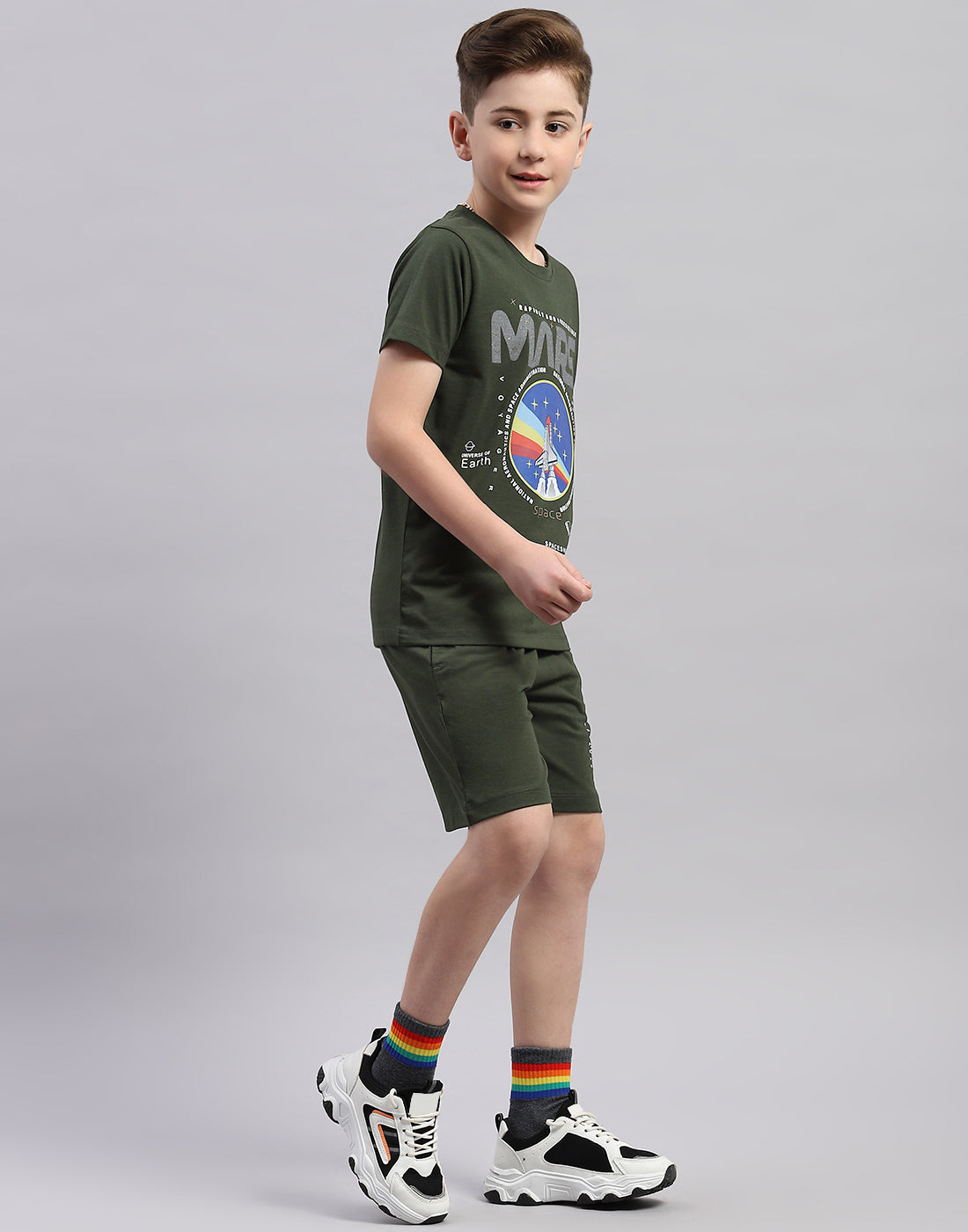 Boys Olive Printed Round Neck Half Sleeve Bermuda Set