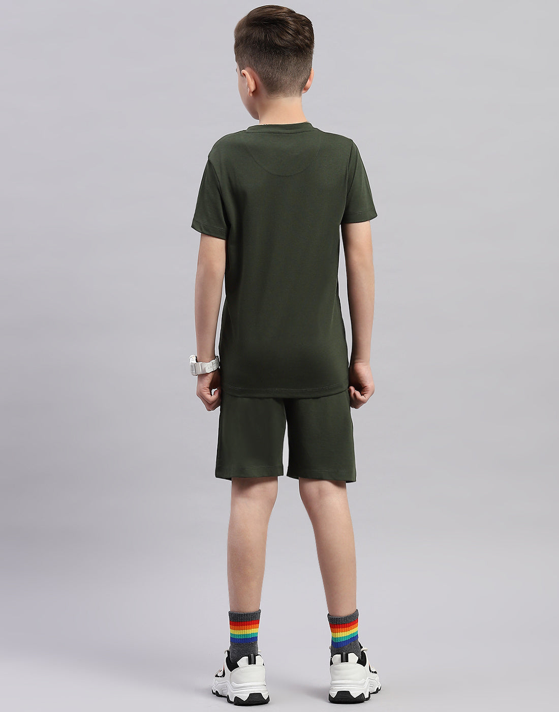 Boys Olive Printed Round Neck Half Sleeve Bermuda Set