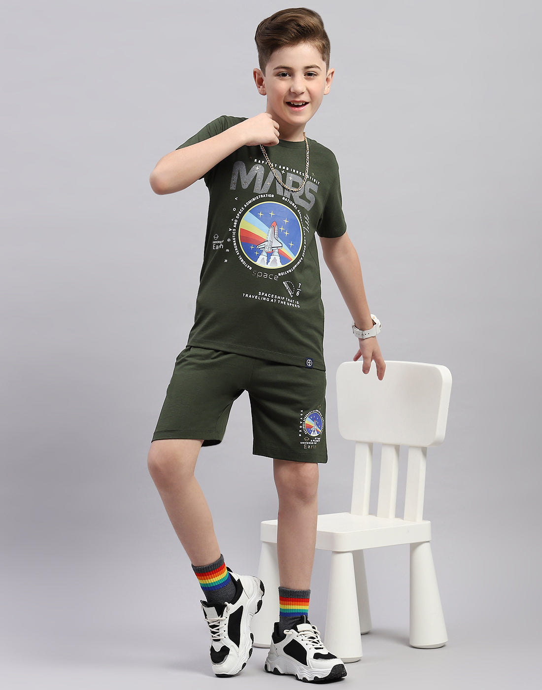 Boys Olive Printed Round Neck Half Sleeve Bermuda Set
