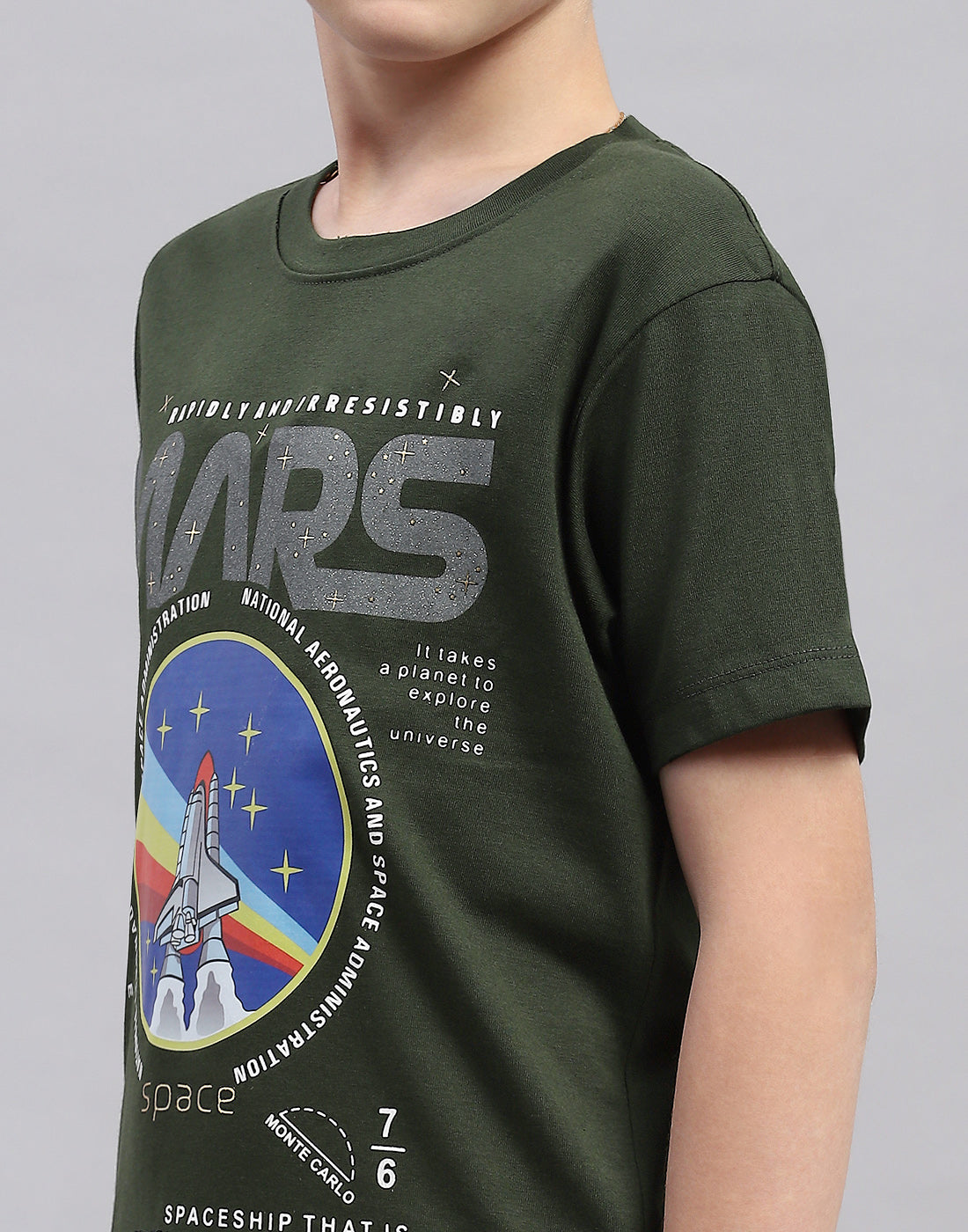 Boys Olive Printed Round Neck Half Sleeve Bermuda Set