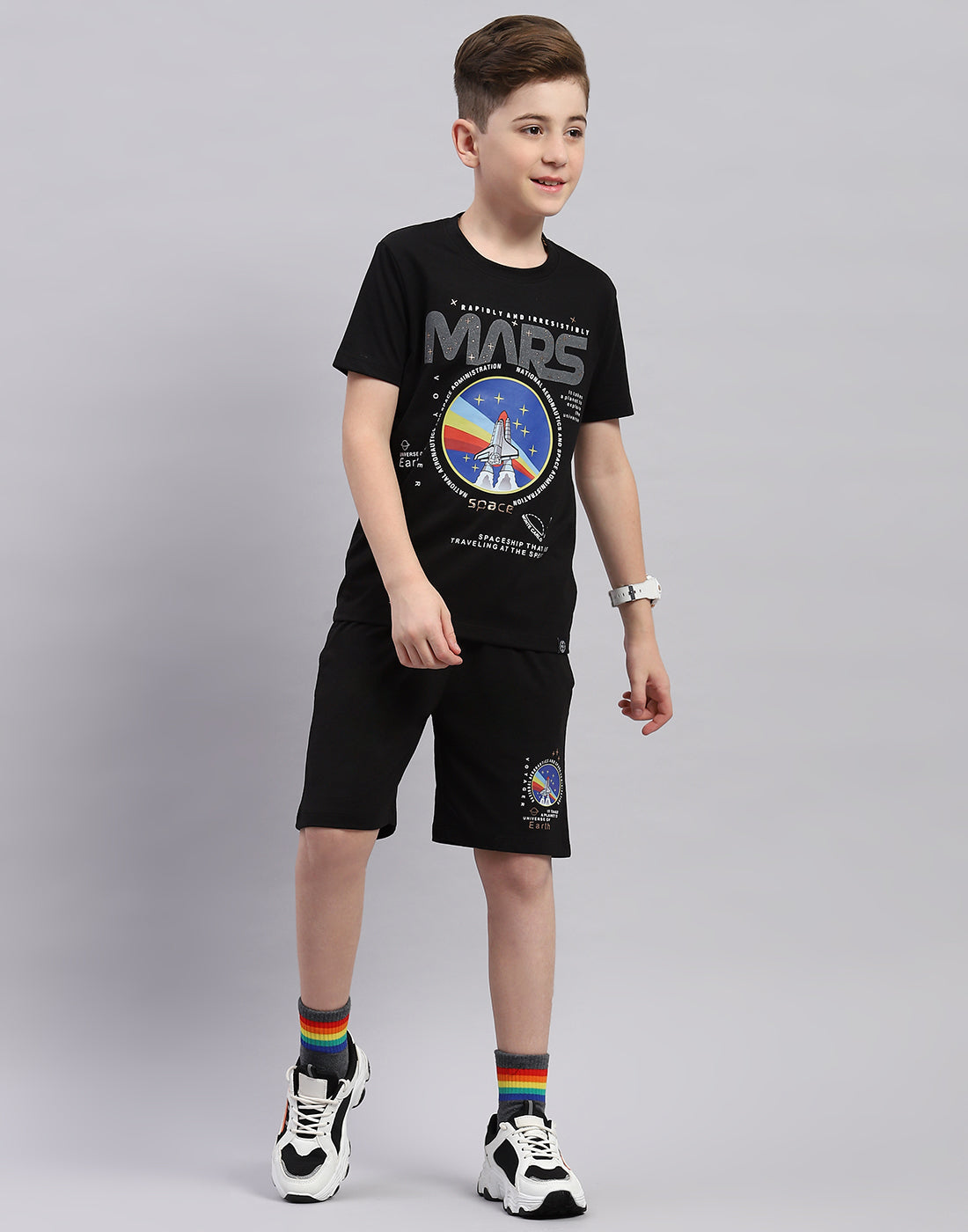 Boys Black Printed Round Neck Half Sleeve Bermuda Set