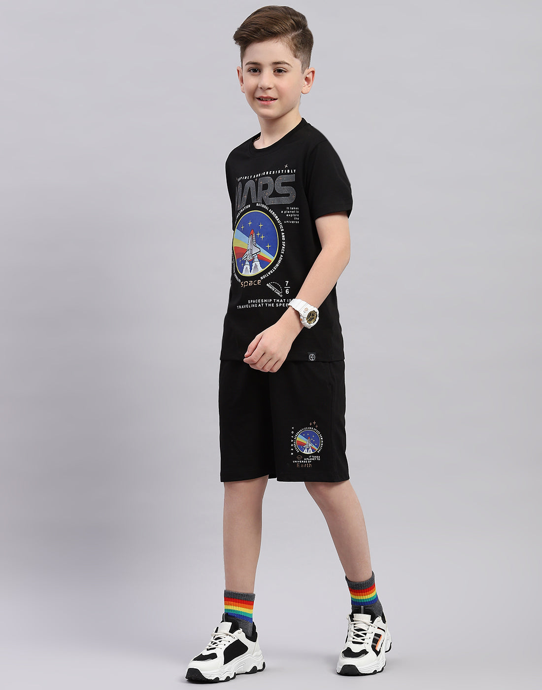 Boys Black Printed Round Neck Half Sleeve Bermuda Set