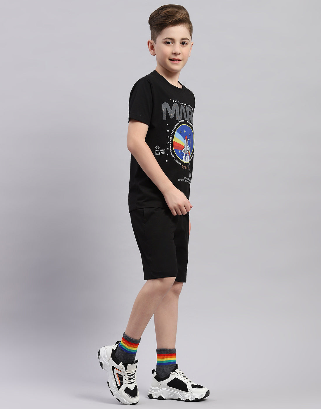 Boys Black Printed Round Neck Half Sleeve Bermuda Set