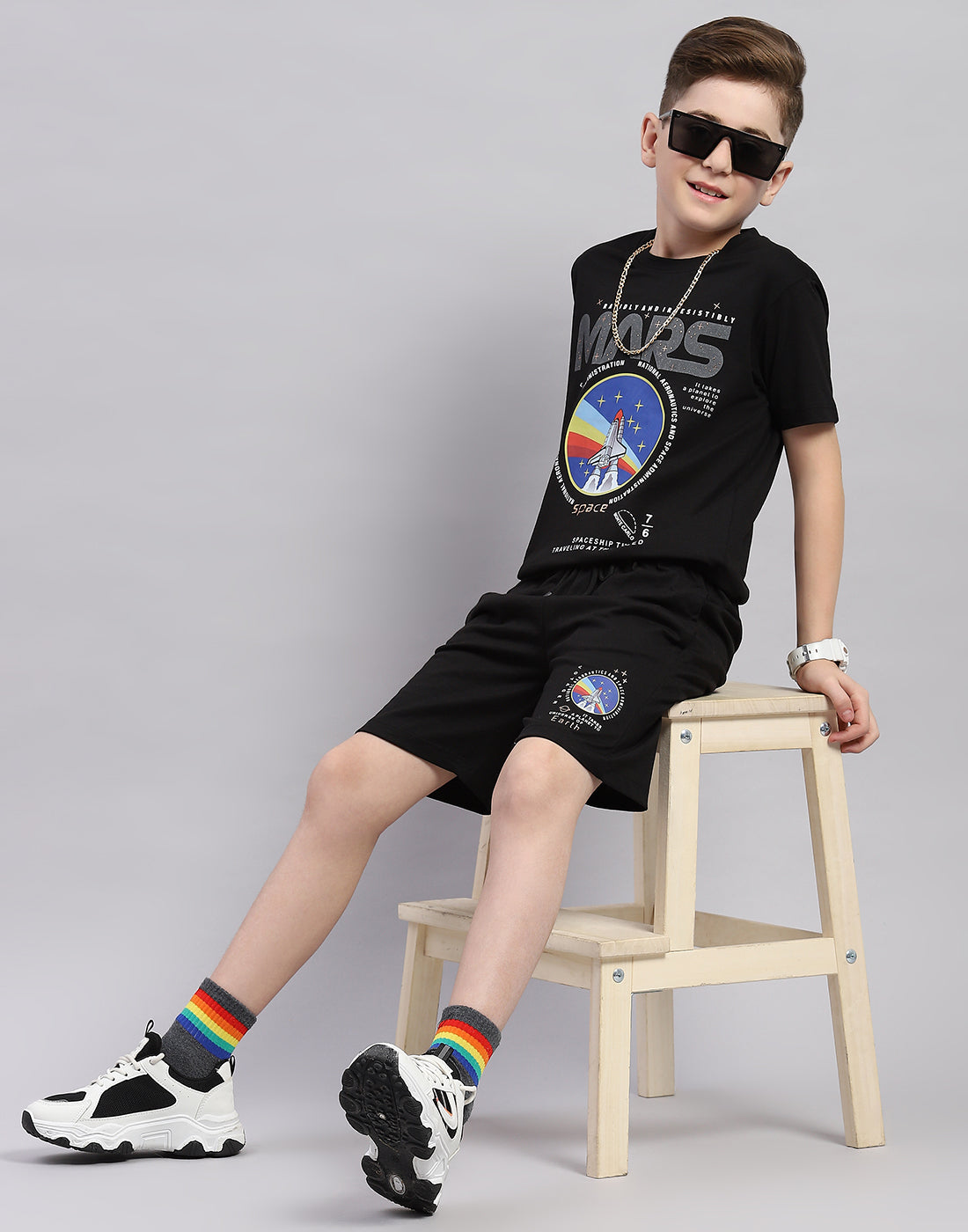 Boys Black Printed Round Neck Half Sleeve Bermuda Set