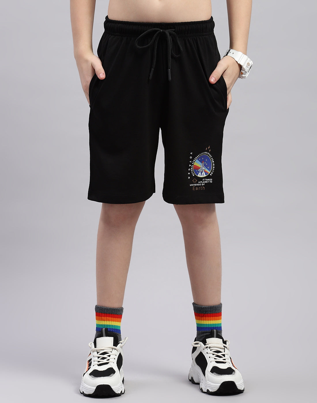 Boys Black Printed Round Neck Half Sleeve Bermuda Set