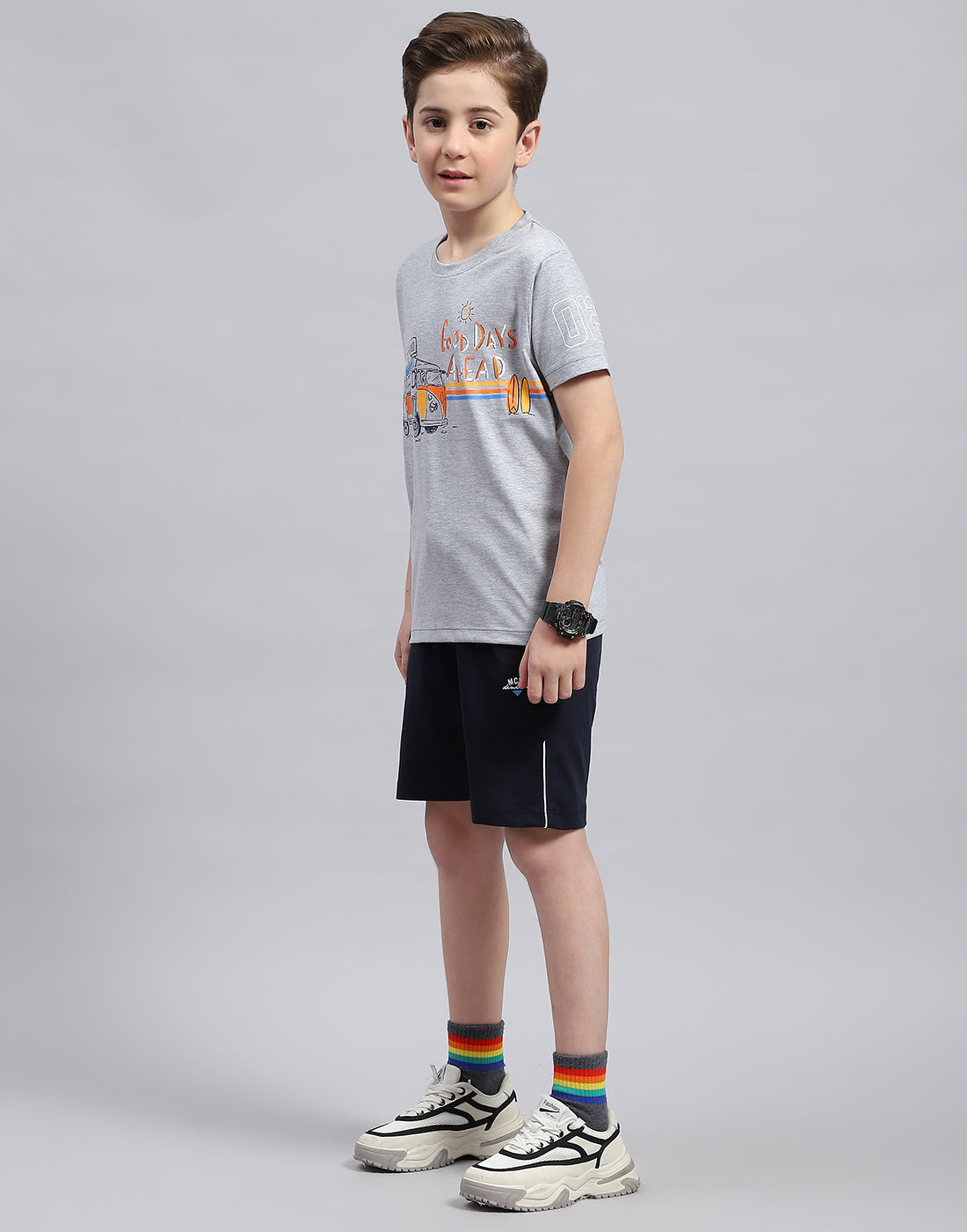 Boys Grey & Navy Blue Printed Round Neck Half Sleeve Bermuda Set