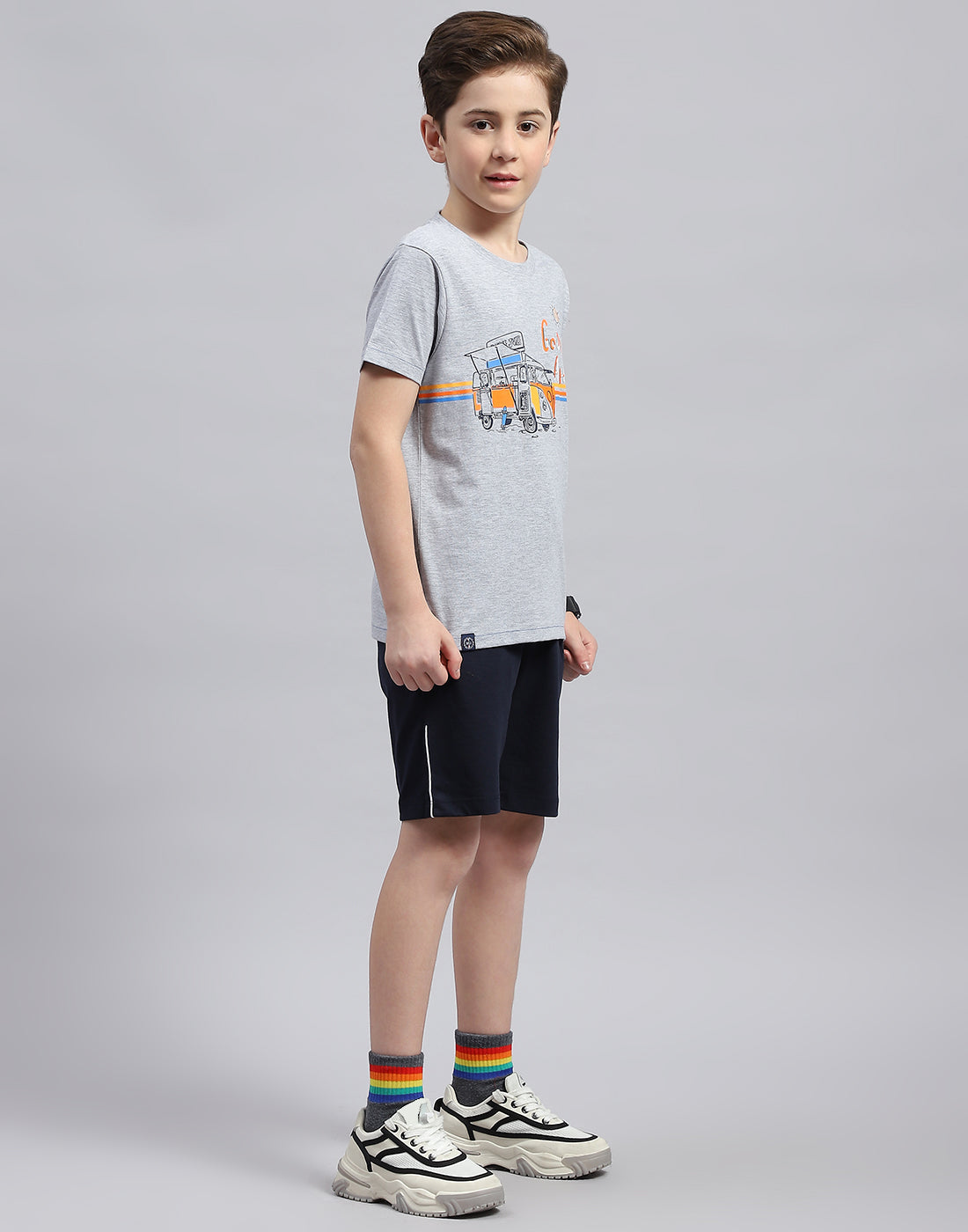 Boys Grey & Navy Blue Printed Round Neck Half Sleeve Bermuda Set