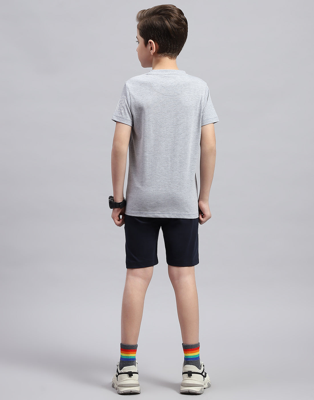 Boys Grey & Navy Blue Printed Round Neck Half Sleeve Bermuda Set