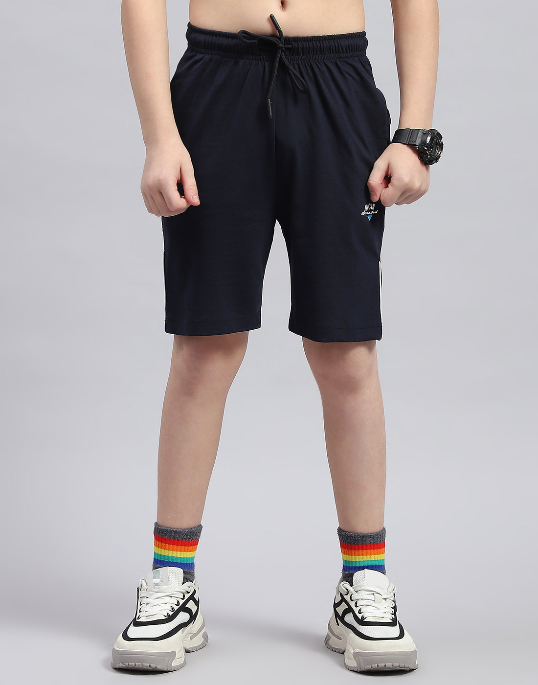 Boys Grey & Navy Blue Printed Round Neck Half Sleeve Bermuda Set