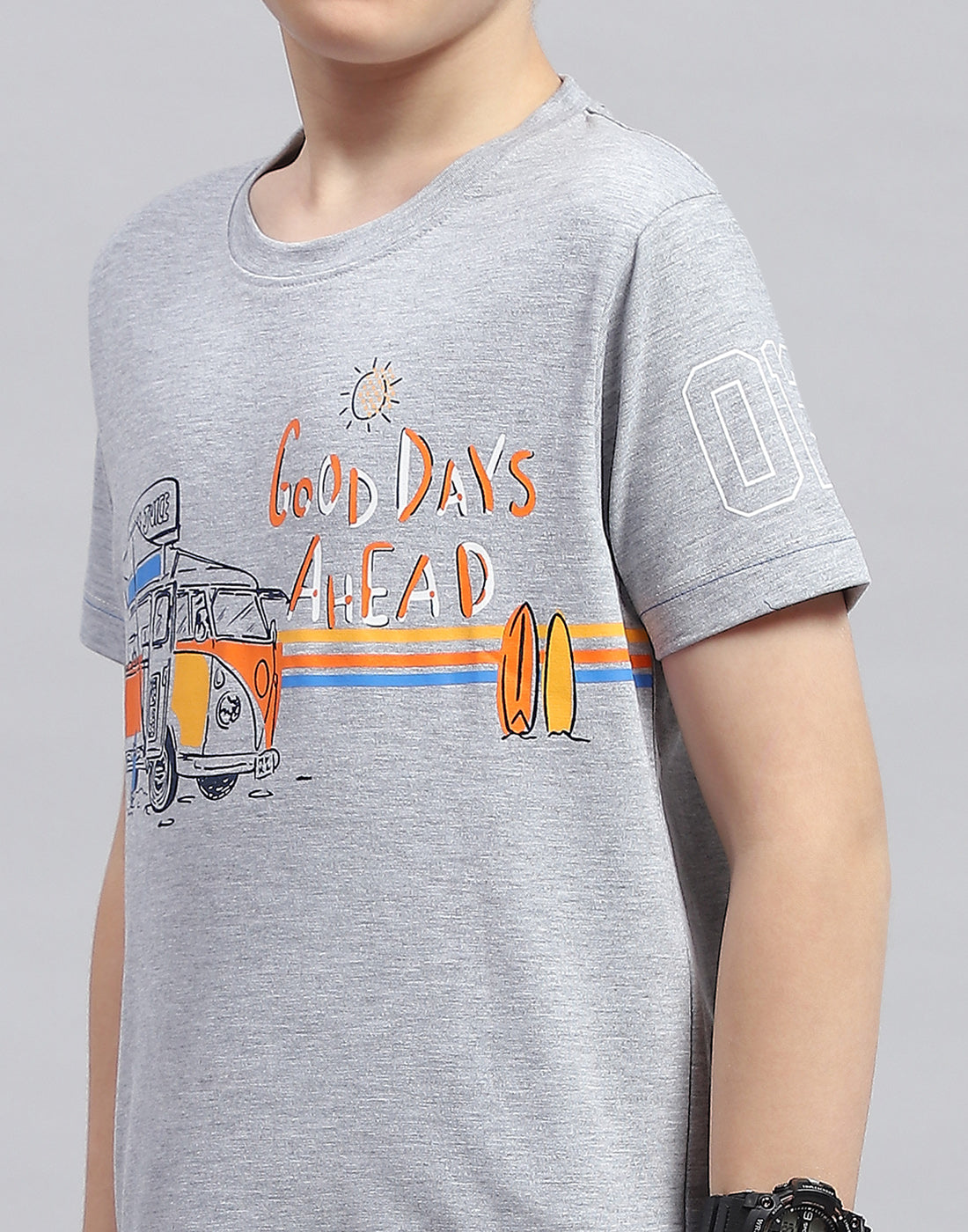 Boys Grey & Navy Blue Printed Round Neck Half Sleeve Bermuda Set