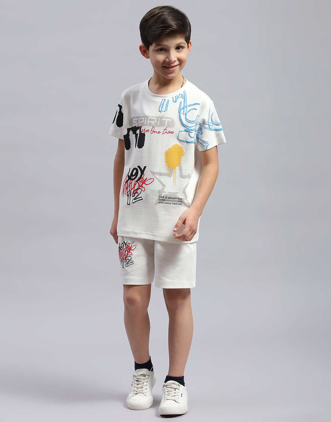 Boys White Printed Round Neck Half Sleeve Bermuda Set
