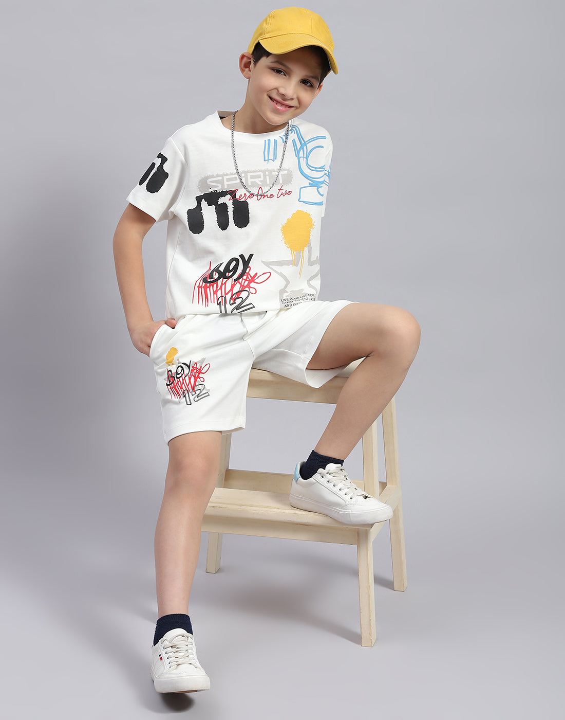 Boys White Printed Round Neck Half Sleeve Bermuda Set