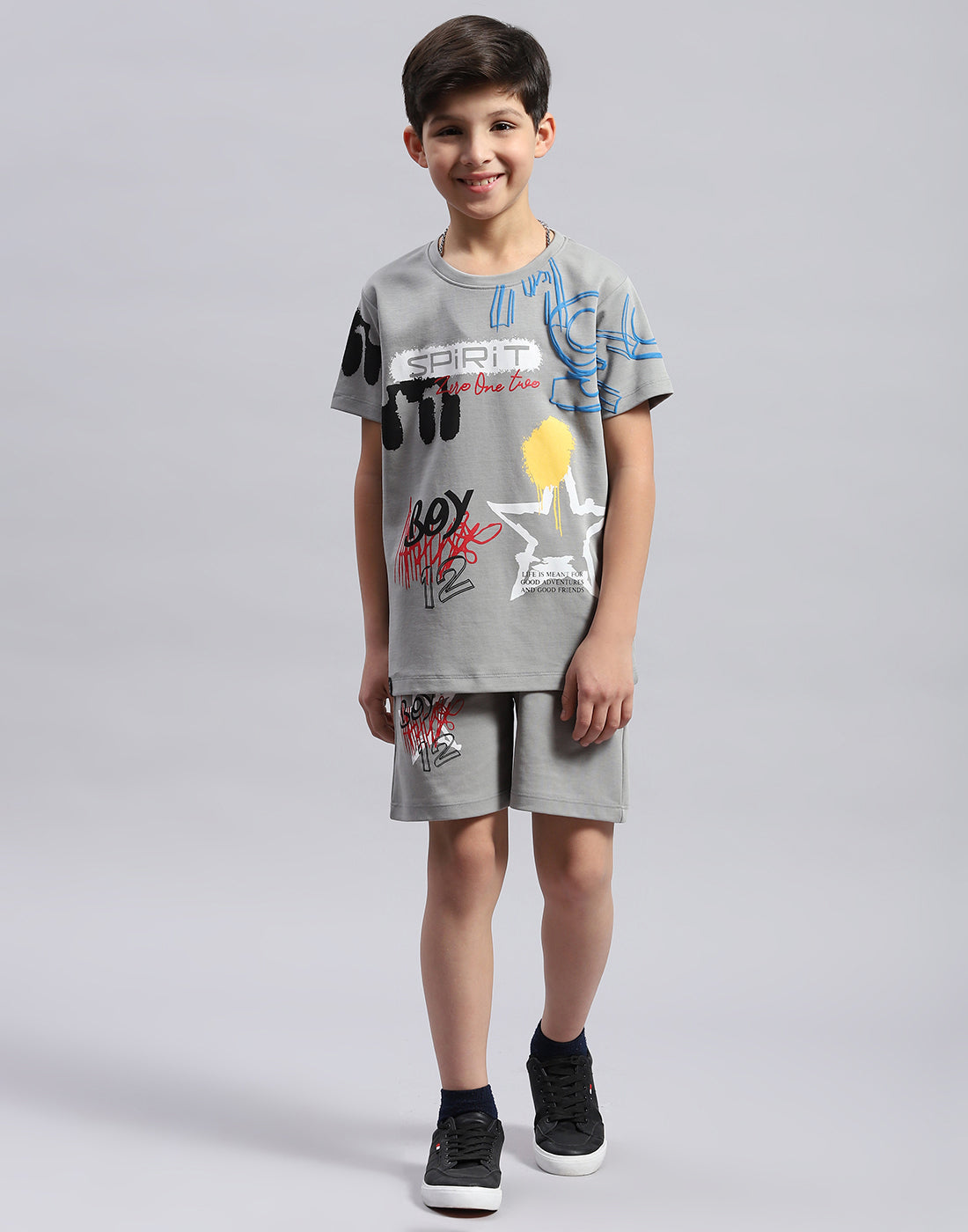 Boys Grey Printed Round Neck Half Sleeve Bermuda Set