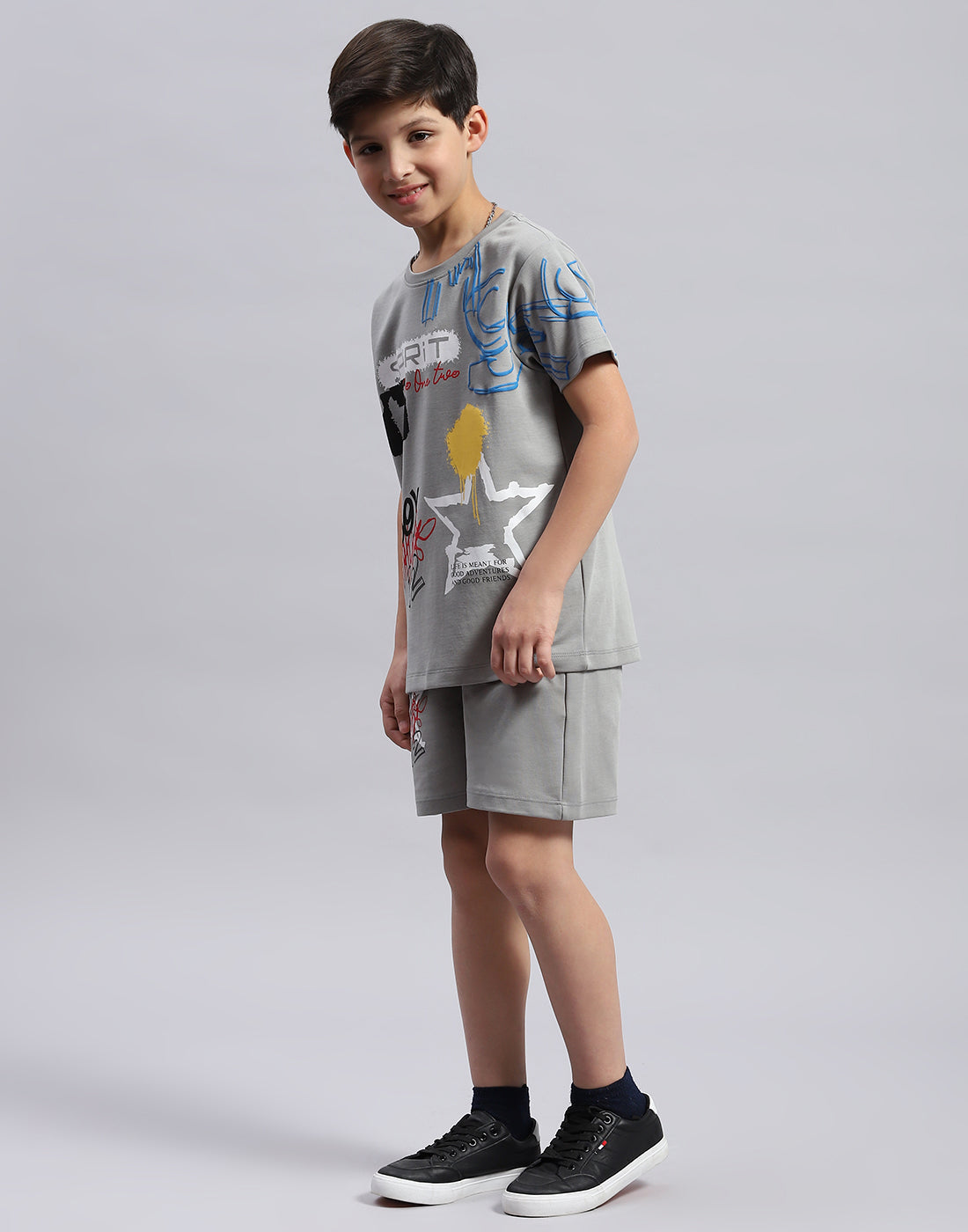 Boys Grey Printed Round Neck Half Sleeve Bermuda Set
