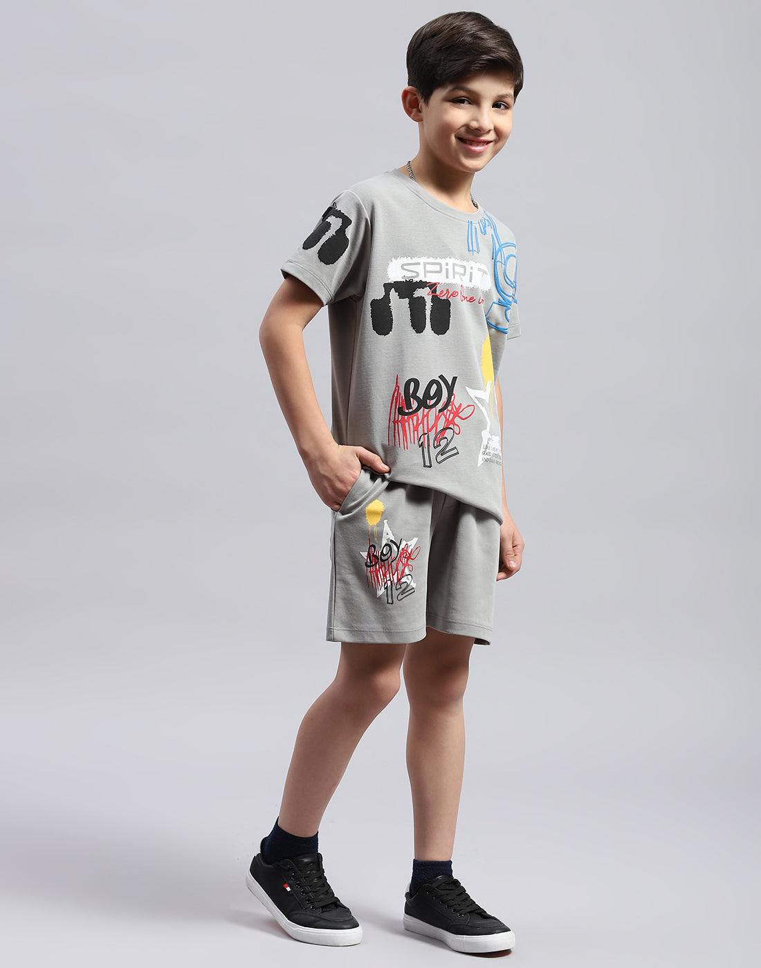 Boys Grey Printed Round Neck Half Sleeve Bermuda Set