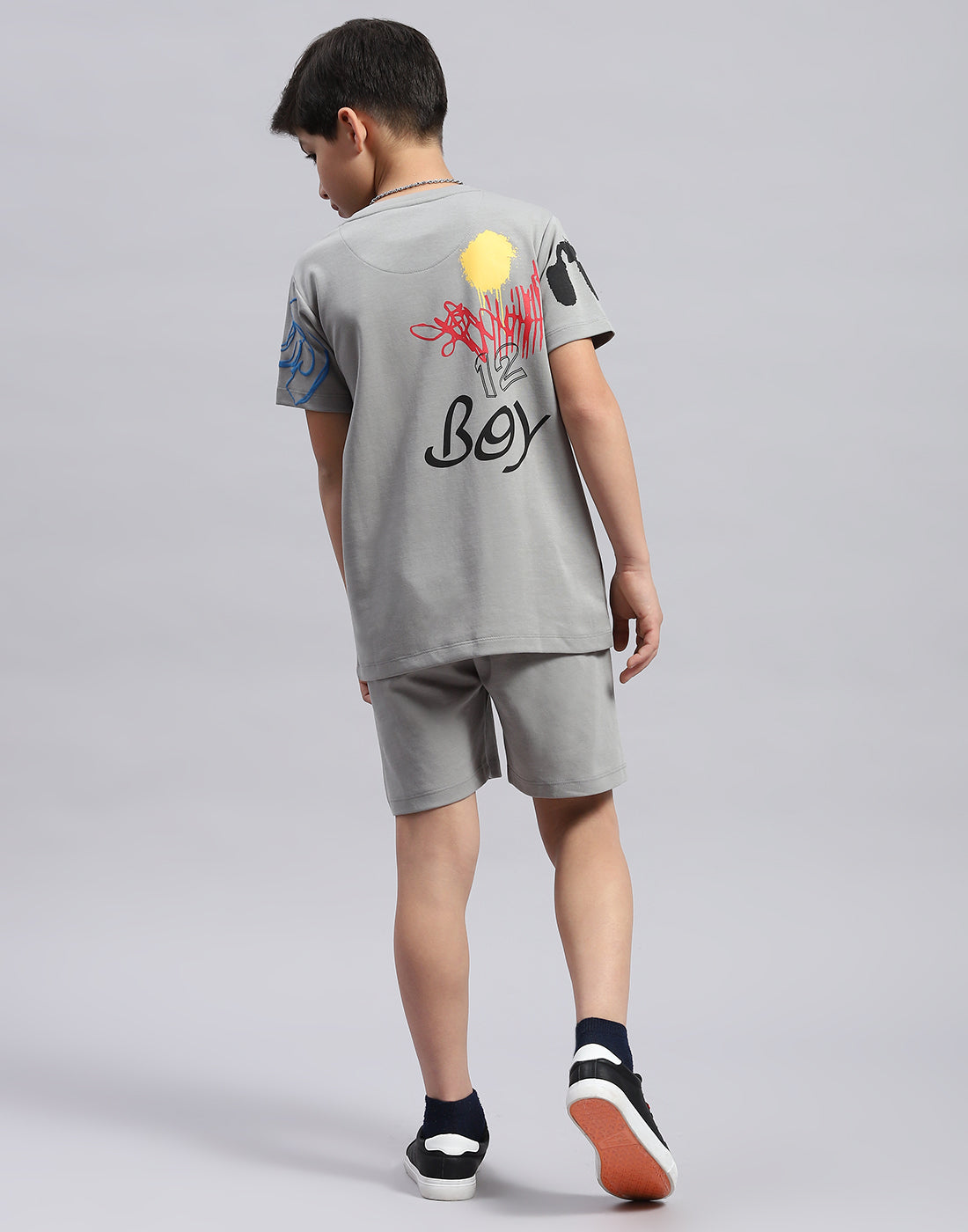 Boys Grey Printed Round Neck Half Sleeve Bermuda Set