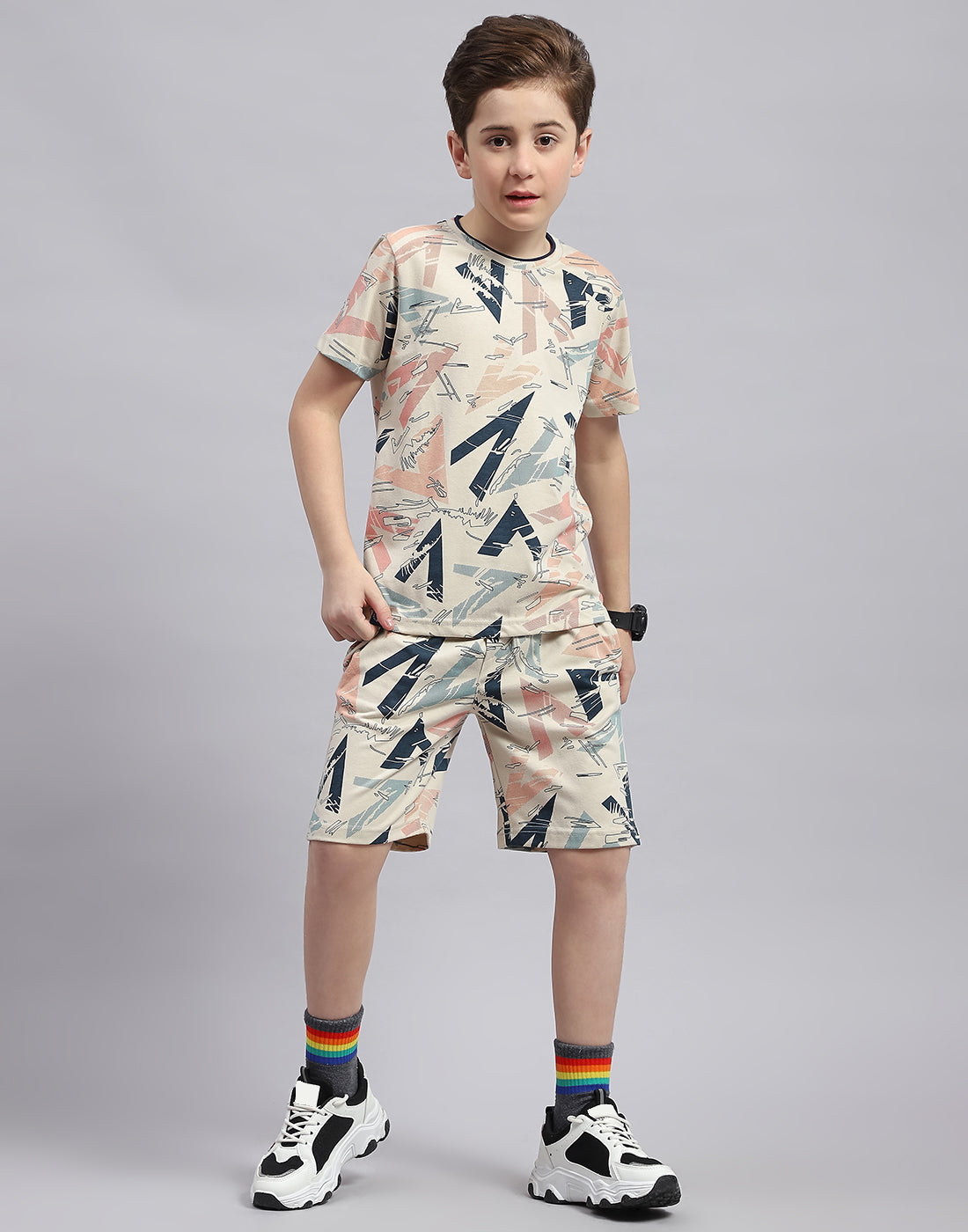 Boys Cream Printed Round Neck Half Sleeve Bermuda Set