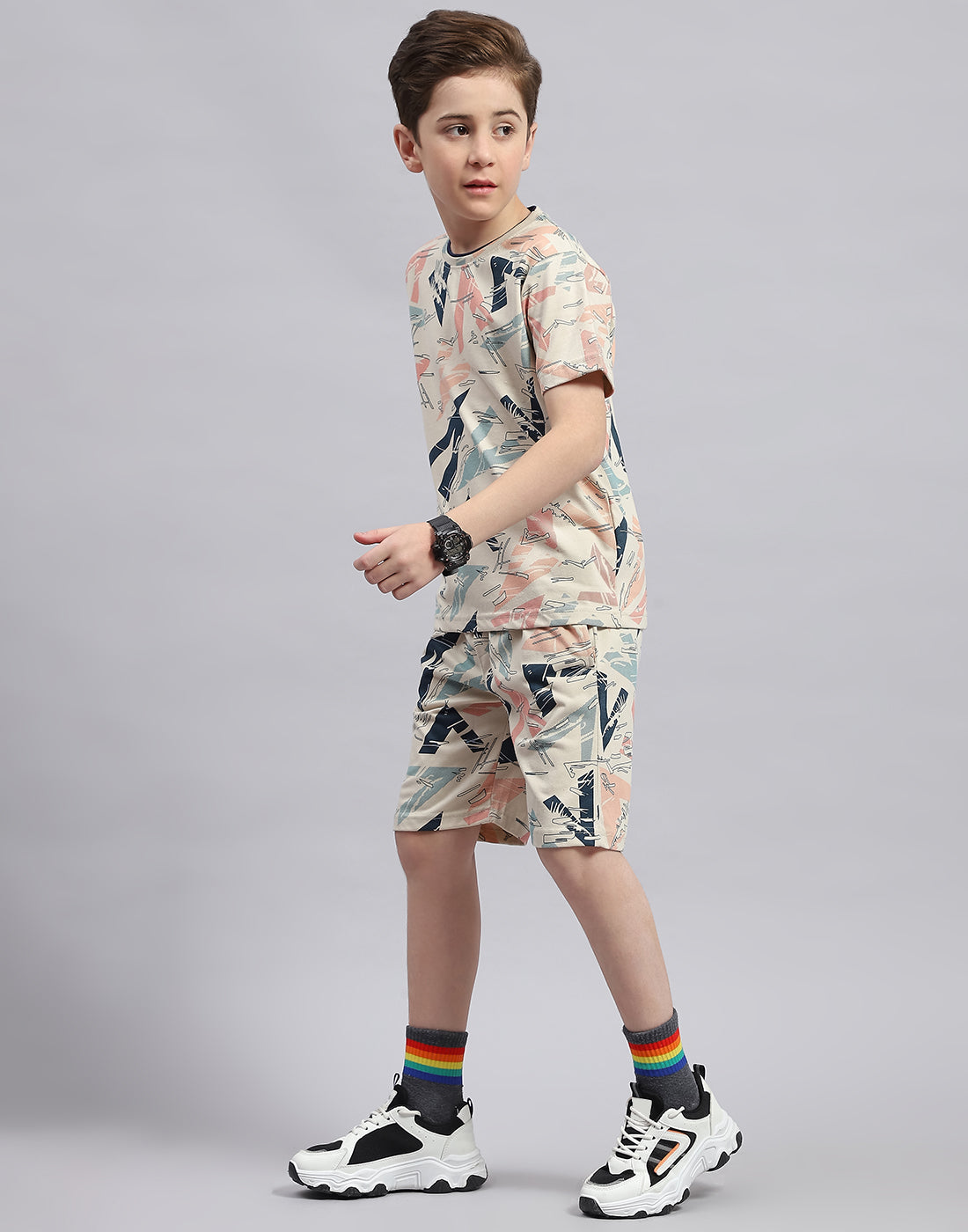 Boys Cream Printed Round Neck Half Sleeve Bermuda Set