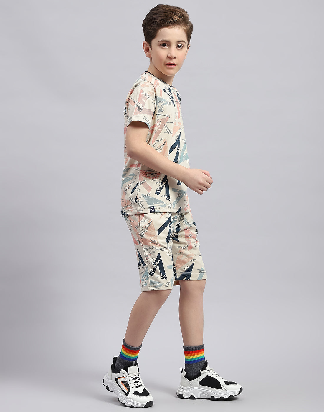 Boys Cream Printed Round Neck Half Sleeve Bermuda Set
